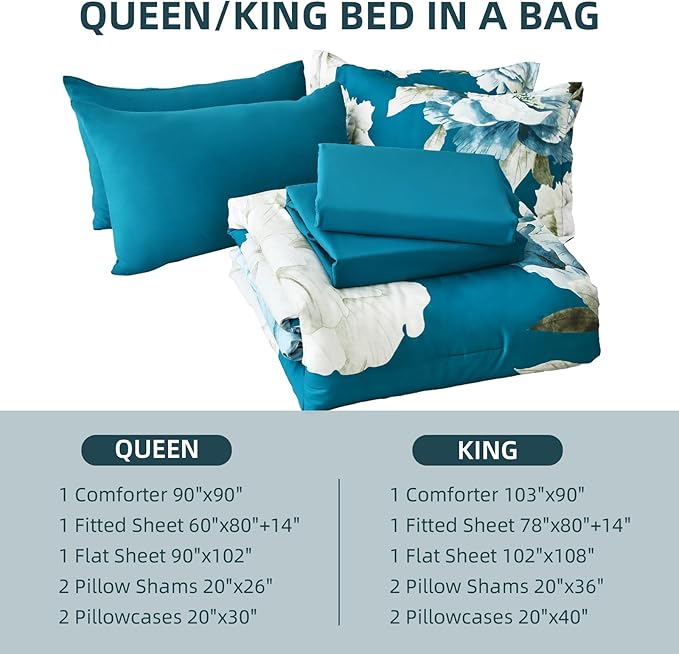 Dobuyly Teal Comforter Set Queen 7 Piece Bed in a Bag, Teal Blue Floral Printed Comforter Set with Sheets, Soft Microfiber Botanical Complete Bedding Set for All Season