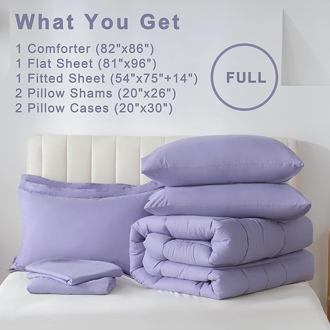 DOWNCOOL Full Size Comforter Sets, 7Pcs Full Size Bedding Sets Purple, All Season Down Alternative Bedding Comforter Sets with Comforter, Flat Sheet, Fitted Sheet, 2 Pillow Shams & 2 Pillowcases