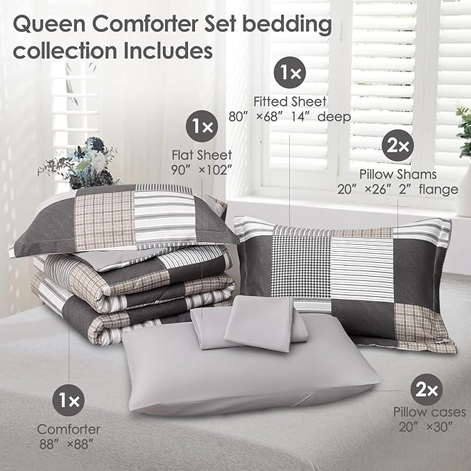 Comforter Set Queen Size Plaid Patchwork Comforter Bedding-7 Piece Bed in a Bag,Soft Fluffy Reversible Microfiber Bedding Set(1 Comforter,1 Flat Sheet,1 Fitted Sheet,2 Pillowcases,2 Pillow Shams),Grey