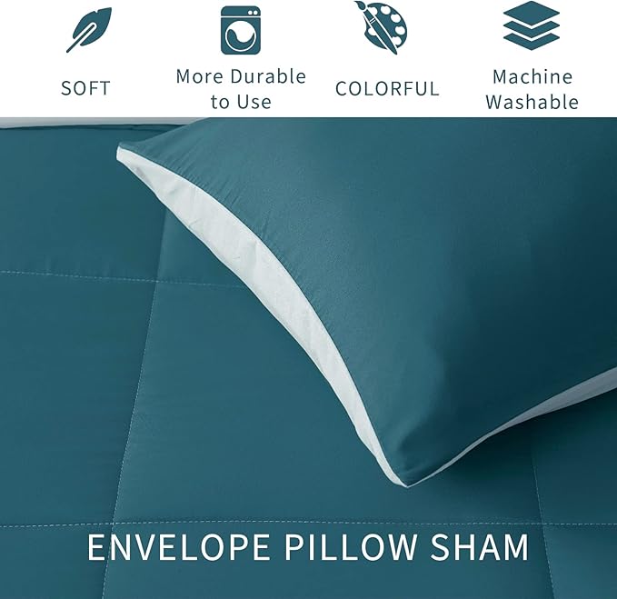 Exclusivo Mezcla Lightweight Reversible Full Queen Size Comforter Set, Down Alternative Comforter with 2 Pillow Sham, Full Queen Size Bedding Set for All Seasons, Dusty Teal/Aqua Blue