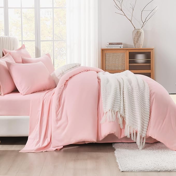 Litanika Full Size Comforter Sets Pink - 7 Pieces Bed in a Bag Full Bedding Comforter Sets, Solid Lightweight Bed Set with Comforter, Sheets, Pillowcases & Shams