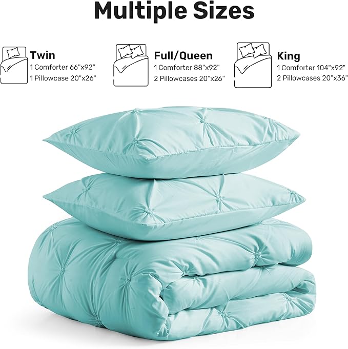 UNIKOME Queen Comforter Set Aqua Blue - Ultra Soft Boho Pintuck Down Alternative Bedding Set for All Seasons, 3 Pieces Lightweight Warm Pinch Pleat Bed Set with Comforter, 2 Pillowcases