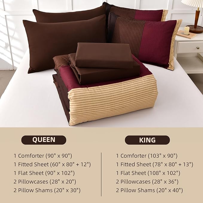 Anibedding Red and Brown Comforter Set King Size, Boho Burgundy Striped Bedding Comforter Set 7 Piece Bed in a Bag, Soft Microfiber Down Alternative Farmhouse Bedding Set for All Season(104"x90")