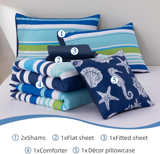 Holawakaka Beach Stripe Bedding Sets 6 Pieces, Navy Blue Coastal Striped Comforter Set King Size All Season Geometric Bed Set, Nautical Bed in a Bag with Comforter,Sheets and Shams