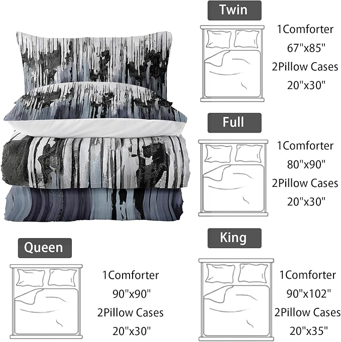 Black Grey White Gradient Print Comforter Set Twin Size,Abstract Art Bedding Set,Patchwork Printed Quilted Set for Teens Adult,with 1 Comforter and 2 Pillow Case