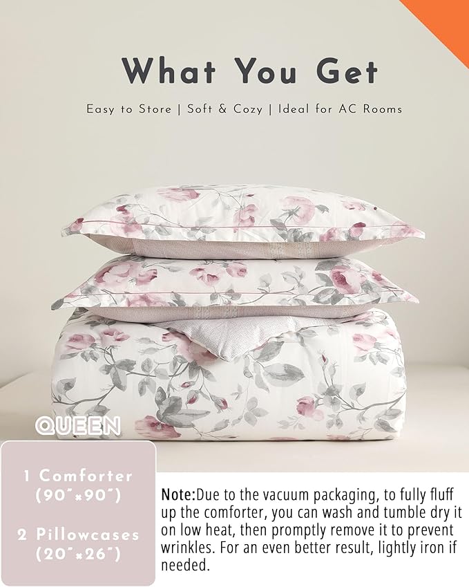 Vintage Cotton 3pcs Floral Comforter Sets Queen Size - Dusty Rose & Soft Gray Foliage on White, Blush French Striped Patchwork Reverse, Neutural Lightweight Bedding Sets(Queen 90"×90")