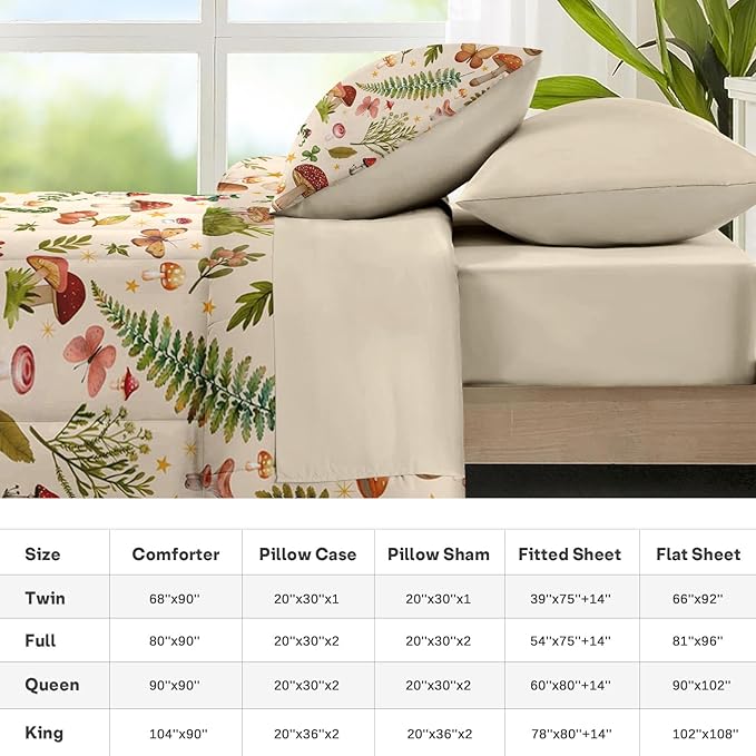 Nesker 7 Pcs Spring Comforter Set Queen Size, Mushroom Fern Bedding Set for Kids and Adults, Butterfly Leaf Bed Sheet Sets with Fitted Sheet 2 Pillowcases & 2 Shams