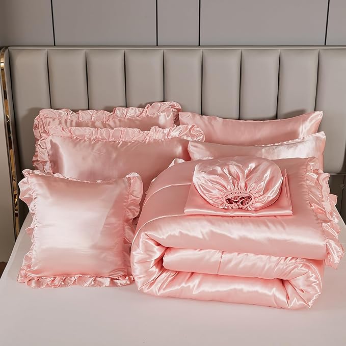 Satin Comforter Set with Sheet Set King 8 Pieces Silk Like Pink Bedding Set Silky Ruffle Pattern Luxury Silky Comforters with 1 Cushion Cover