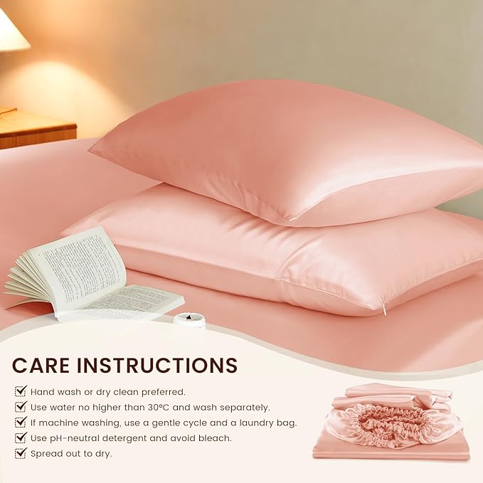 THXSILK Luxury Mulberry Silk Fitted Sheet Set 3 Pcs, Full Silk Bed Sheet Set with 16" Deep Pockets, Soft & Cooling Sheets, 1 Fitted Sheet, 2 Pillowcases with Zipper Closure - Charming Pink