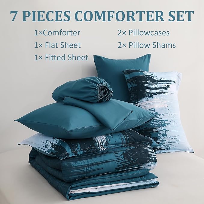WONGS BEDDING Comforter Set King, Teal Blue 7 Pieces Bed in a Bag Colorful Abstract Art Gradient Comforter Soft Microfiber Bedding Set with Comforter,Flat Sheet,Fitted Sheet,Pillow Shams,Pillowcases