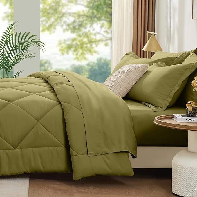 FUANNA 7 Pieces Queen Comforter Set, All Season Bed in a Bag Queen Size, Luxury Soft Bedding Sets with Comforter, Flat Sheet, Fitted Sheet, Pillowcases & Pillow Shams, Olive Green