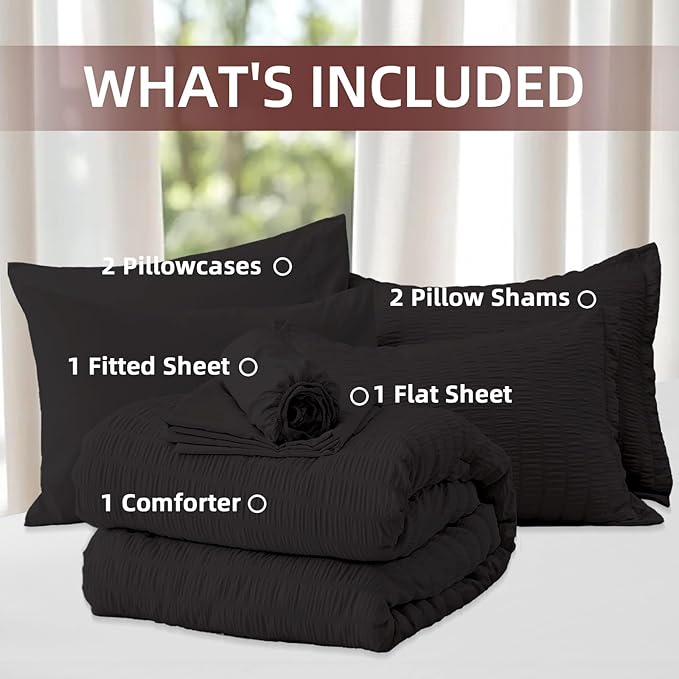 FUANNA Full Size Comforter Sets 7 Pieces, Luxury Seersucker Bed in a Bag Full for All Seasons, Soft Bed Sets with Comforter, Flat Sheet, Fitted Sheet, Pillowcases & Shams for Bedroom, Black