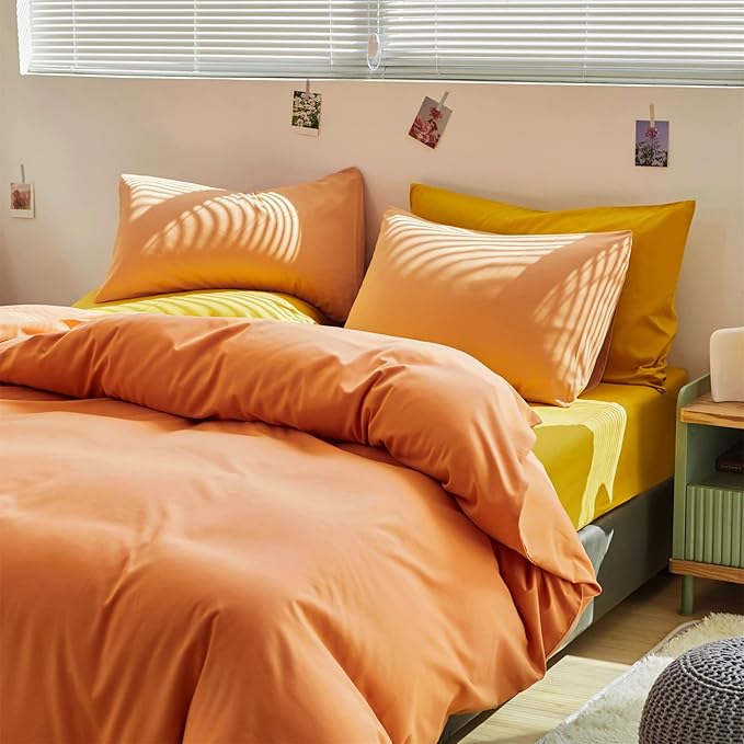 Cottonight Peach Comforter Set - Full Light Orange Bedding, Cotton Coral Pink Quilt, Soft Simple Breathable Modern Solid for Women Men