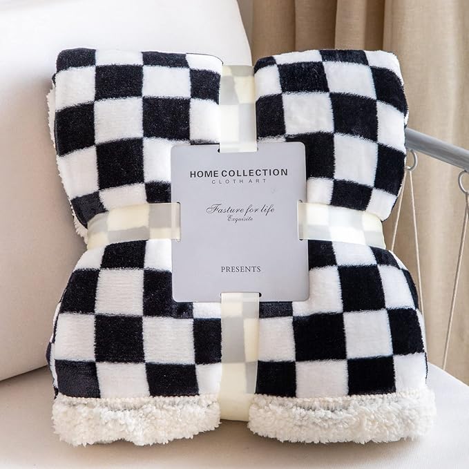 LOMAO Sherpa Throw Blanket Fleece Blanket with Checkered Pattern Soft Thick Blanket for Couch, Bed, Sofa Luxurious Warm and Cozy for All Seasons (Black, 51"x63")