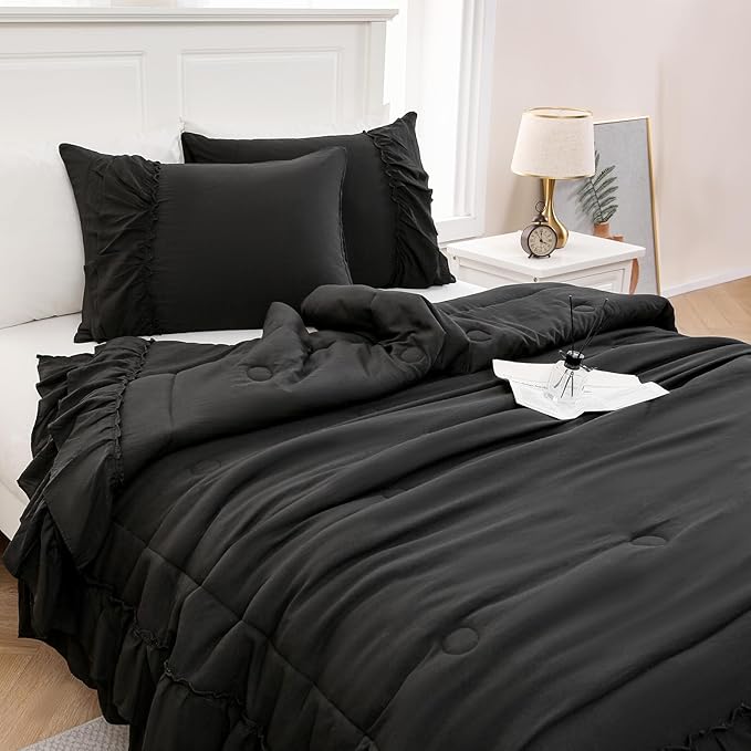 Black Comforter Set King Boho Bedding Set Shabby Chic 2 Layers Ruffled Bedroom Home Decor Ultra Soft Microfiber Farmhouse Down Comforter Bohemian Quilt Set