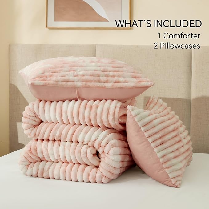 BEDELITE Fleece Queen Comforter Set -Super Soft & Warm Fluffy Pink&White Bedding, Luxury Fuzzy Heavy Bed Set for Winter with 2 Pillow Cases