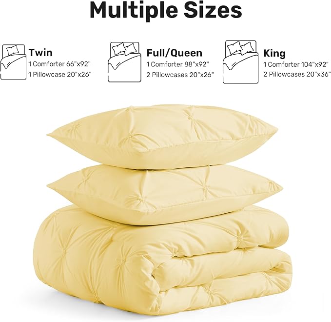 UNIKOME Queen Comforter Set Yellow - Ultra Soft Boho Pintuck Down Alternative Bedding Set for All Seasons, 3 Pieces Lightweight Warm Pinch Pleat Bed Set with Comforter, 2 Pillowcases