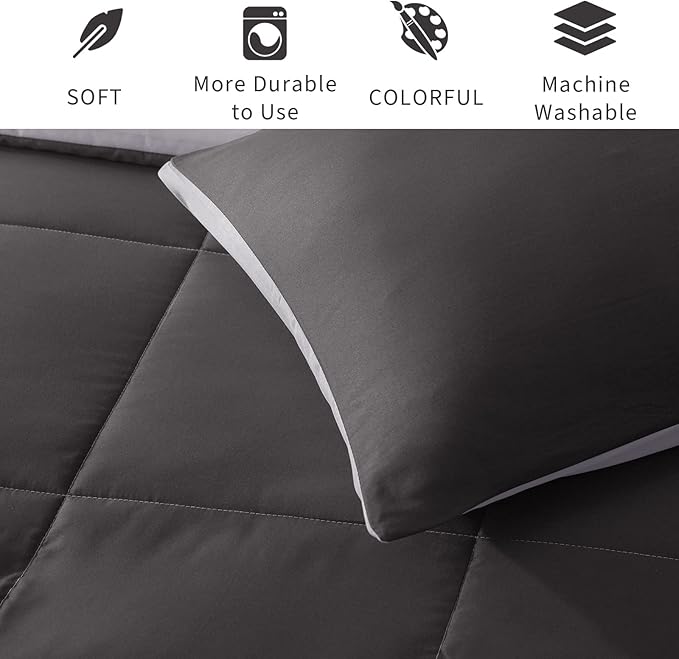 Exclusivo Mezcla Lightweight Reversible Full Queen Size Comforter Set, Down Alternative Comforter with 2 Pillow Sham, Full Queen Size Bedding Set for All Seasons, Grey