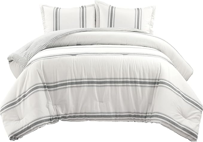 Lush Decor Farmhouse Stripe Reversible Cotton Comforter Set - 3 Piece Cozy Pinstripe Bedding Set - Classic Modern Rustic Charm Bedroom Decor - King, Dark Gray