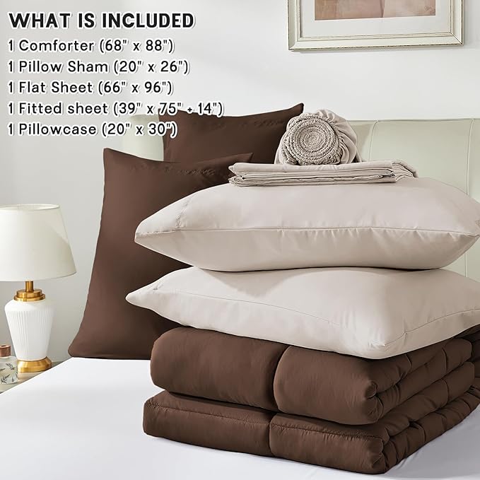 Anluoer Twin Comforter Set,Brown&Beige Bed in a Bag 5 Piece,Lightweight Bedding Set with Soft Down Alternative Fill,Bed Set Includes Comforter, Fitted Sheet, Flat Sheet,Pillowcase and Sham