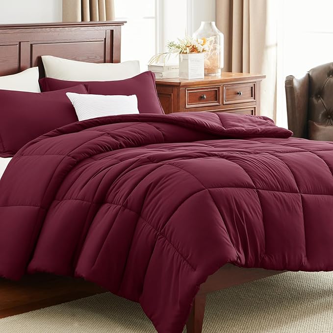CozyLux Queen Comforter Set - Burgundy Comforters Queen Size, 3 Pieces Box Stitched Bed Set for All Seasons, Soft Lightweight Bedding Sets with 1 Down Alternative Comforter and 2 Pillow Shams