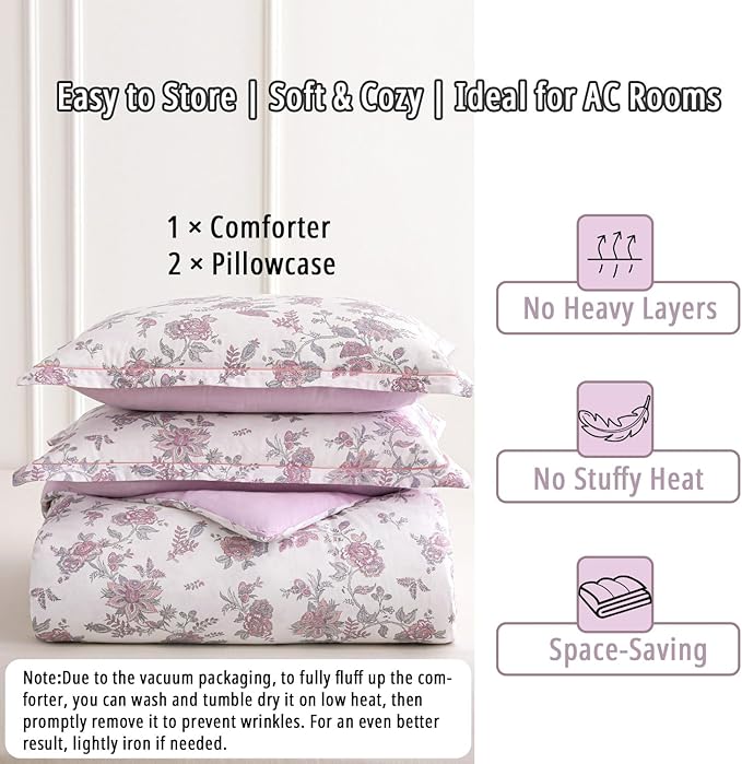Pink Floral Cotton Comforter King Size 3PC - Vintage Romantic Botanical on Soft White with Smoky Pink Floral Reverse – Cozy Reversible Lightweight Comforter Set with Soft Fill(104"×90")