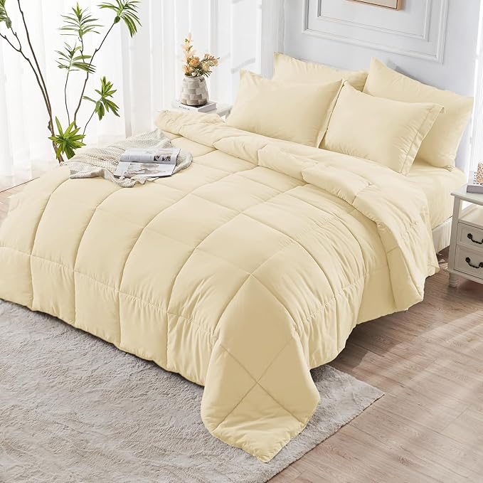 JOLLYVOGUE Full Comforter Set, Ultra-Soft Bed in a Bag Full Size 7 Pieces, Oeko-TEX Certified Bedding Set with Down Alternative Comforter, Sheets, Pillowcases & Shams, Light Yellow