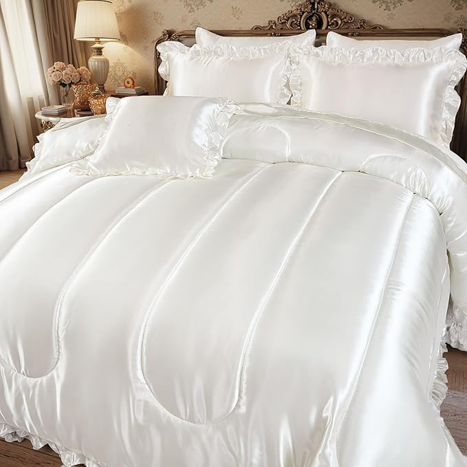 Silk Like Satin Comforter Set with Sheet Set King 8 Pcs White Satin Bedding Set Silky Ruffle Pattern Home Deocr Luxury Hotel Silky Bed in a Bag with 1 Cushion Cover