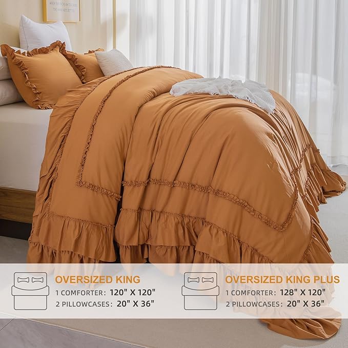 Masaca 120x120 Oversized King Comforter,Farmhouse Shabby Boho Chic Pumpkin Ruffle California King Comforter Set French Country Rustic Bedding 3PCS (1 Ruffled Comforter+2 Pillow Shams)