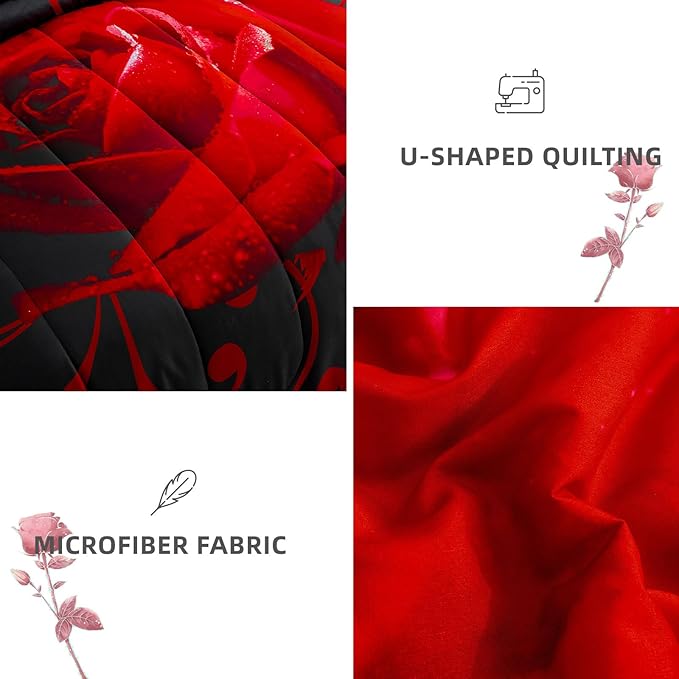 WONGS BEDDING Red Comforter Set Full, 7 Pieces Reversible Red Rose Pattern Lightweight Soft Microfiber Bedding Set for All Seasons with Comforter, Flat Sheet, Fitted Sheet, Pillowcases & Shams