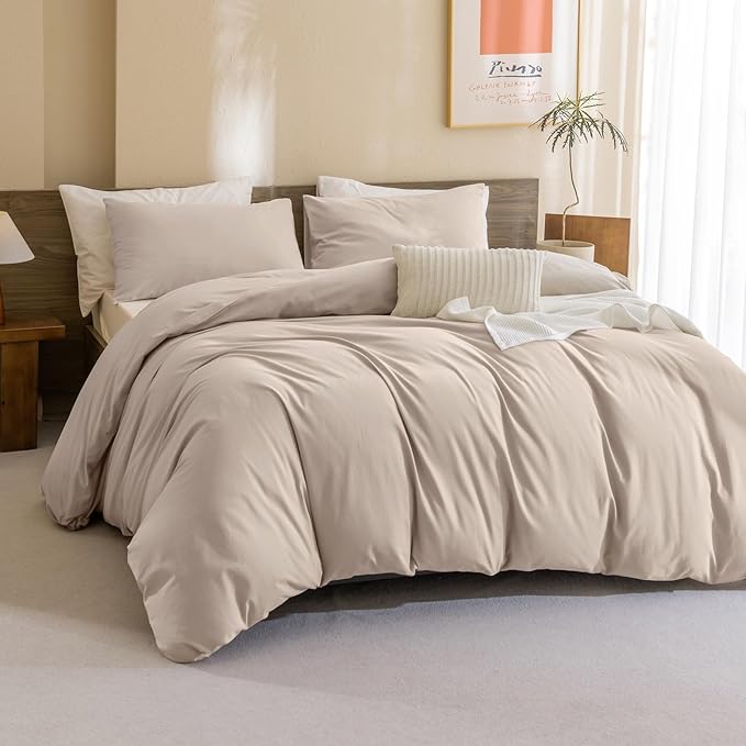 Sanracie Pre-Washed Cotton King Comforter Set, Beige Khaki Colored Bedding Set 3Pcs Ultra Soft Breathable Bed Comforter Set for All Season