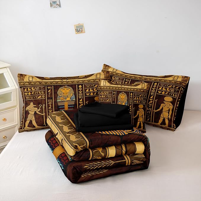 Ancient Egypt Comforter Set Black Gold Bedding Set Pharaoh Tribal Retro Comforter Egypt Cultural Theme Bedroom Decor Boho Exotic Vintage Bedding King Bed in A Bag