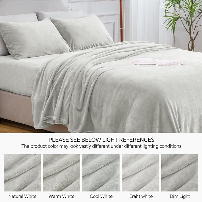BEDELITE Flannel Sheets King Size Light Grey - Super Soft Fleece Sheets Set Fluffy Extra Plush, 4 Piece(Include Fitted Sheet, Flat Sheet, 2 Pillowcases)