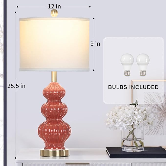 26" Triple Gourd Ceramic Table Lamps Set of 2,Modern Orange Bedside Lamps USB A+C Ports & AC Outlet -Ceramic Nightstand Lamps for Bedroom, 3 Way Touch Control Contemporary Living Room End Tables