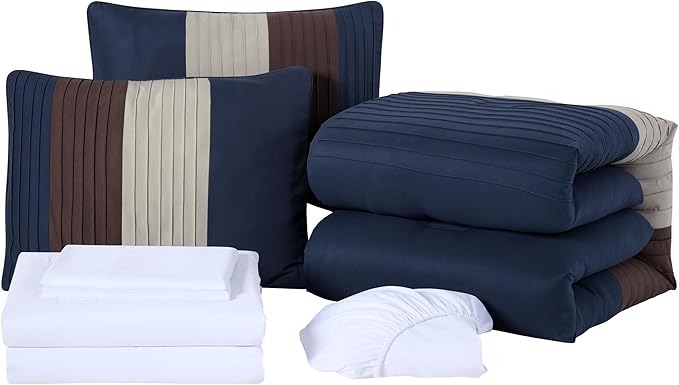 Chezmoi Collection Briar 7-Piece California King Bed in a Bag - All Season Lightweight Microfiber Comforter Set - Includes Sheets & Shams - Midnight Blue/Brown/Coffee Pleated Stripe Design