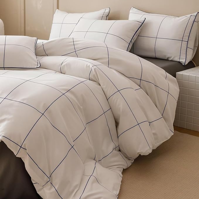 Cottonight White Blue Grid Comforter Set King Women Men Plaid Bedding Comforter Set King Size Checkered Blanket Quilts 3 Piece Soft Modern Breathable Bedding Set