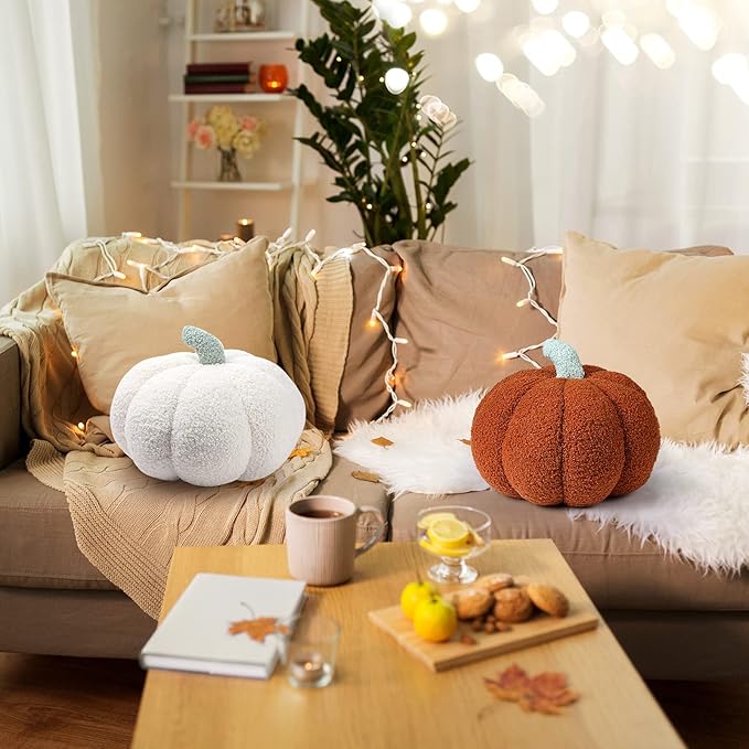 Queekay 2 Pcs Pumpkin Pillow Plush 11 x 9.5 Inch Thanksgiving Stuffed Pumpkin Decor for Fall Home Bedroom Throw Pillow Cushion Gifts for Holiday Operation Christmas Halloween Car Sofa(Brown)