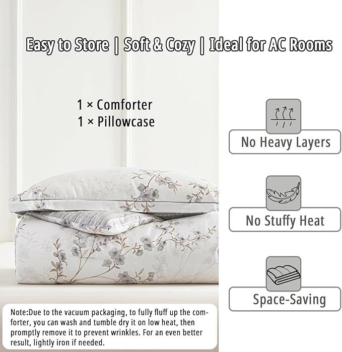 Vintage Botanical White Cotton Comforter Twin Size - Elegant Gray Flowers and Taupe Branches on White, Light Gray Striped Back, 2PC Lightweight Bedding Set with Soft Alternative Fill