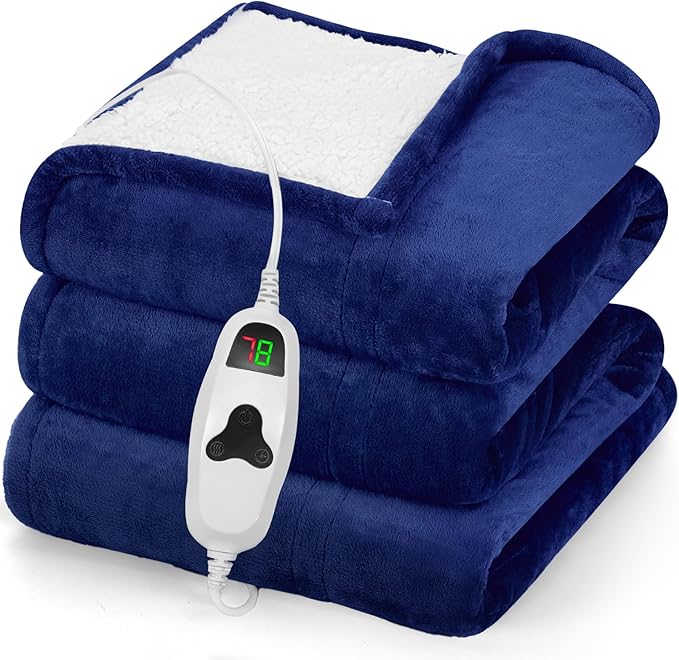 greenoak Heated Blanket Electric Full 72"X84", Heating Blanket with 10 Heat Levels 1/2/4/6/8 Hours Auto-Off, Soft Flannel Sherpa Warm Heater Christmas Blanket, Sea Blue