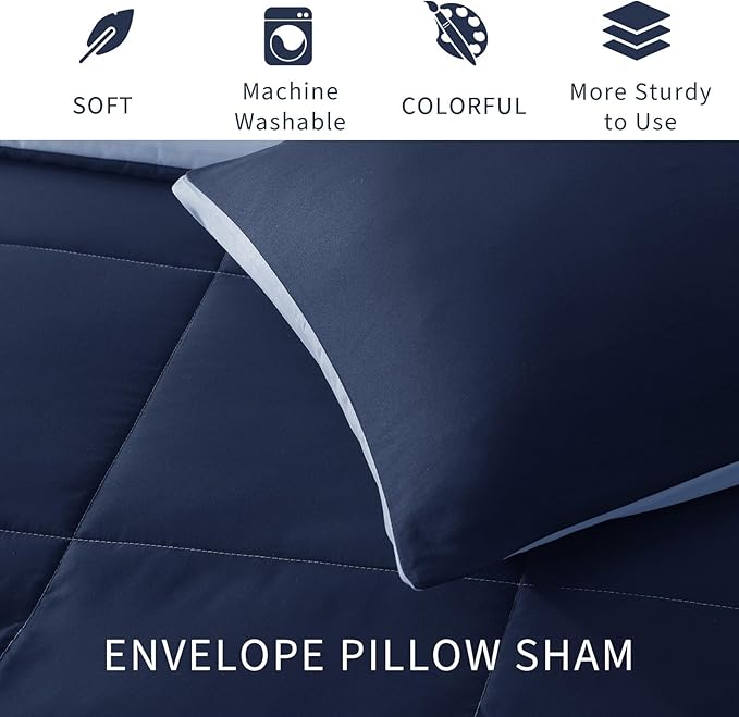 Exclusivo Mezcla Lightweight Reversible Twin Size Comforter Set, Down Alternative Comforter with 1 Pillow Sham, Twin Size Bedding Set for All Seasons, Navy/Blue