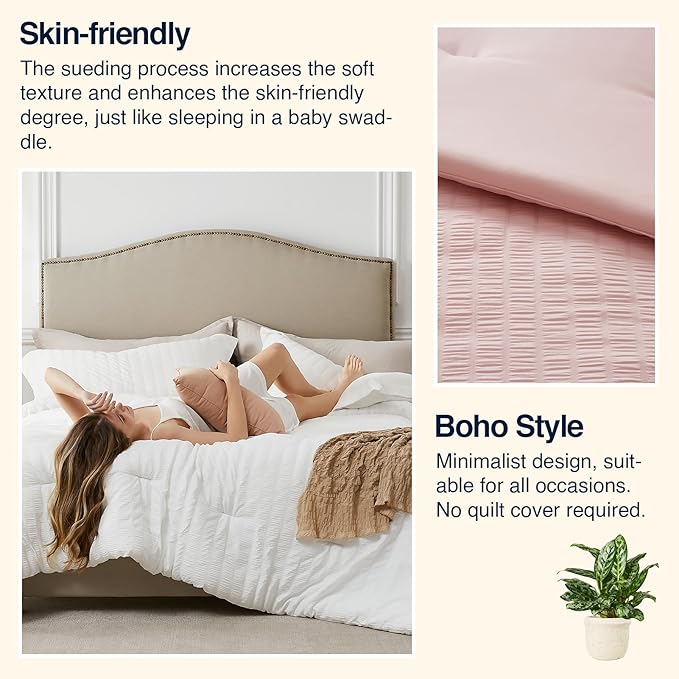 Pink Oversized Queen Comforter Set - 3 Pieces Seersucker Lightweight Bedding Comforter Sets (1 Soft Fluffy Comforter & 2 Pillowcases) - All Seasons Cozy Cute Bed Sets for Women Girls