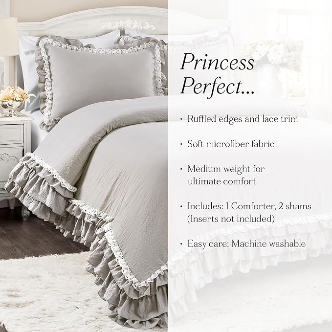 Lush Decor Ella Ruffle Lace Comforter, 3 Piece Set, Full/Queen, Light Gray - Cute Comforter - Queen Bedding Set - Gray Bedding Full Size - Coquette Decor - Ruffle Trim - Lace Trim