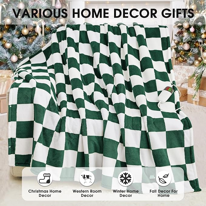 Heated Electric Blanket Throw, 50X60 Heating Blanket with 10 Heat Level & 8 Hours Auto Off for Lap, Dark Green Checkered Plaid Soft Sherpa Blankets Warmer Gifts for Couch Grandma Women Adults