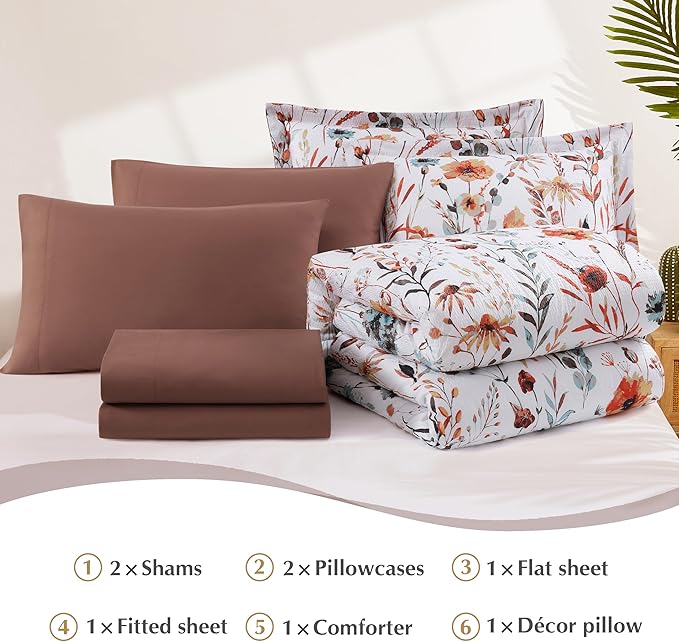 CASAAGUSTO Full Comforter Set, 7 PCS White Floral Comforter Set with Flowers Leaves Pattern, Soft Seersucker Design All Season Full Size Bedding Set(80"X90")