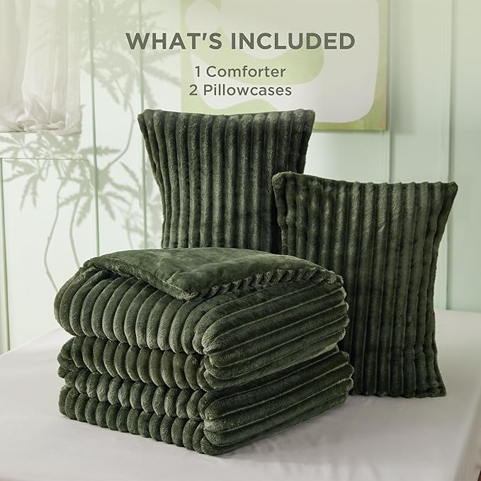 Bedsure King Size Comforter Set - GentleSoft™ 3 Pieces Fluffy Double-Side Fleece Comforter Set, Cozy Striped Room Decor Aesthetic, Luxury Olive Green King Bedding with 2 Pillowcases, 104x90 Inches