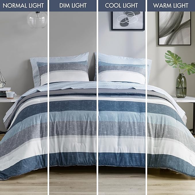 Madison Park Essentials Jaxon Bed in a Bag Comforter Set with Sheet, Printed Stripe Design, Modern All Season Bedding and Matching Sham, California King Blue/Grey 7 Piece