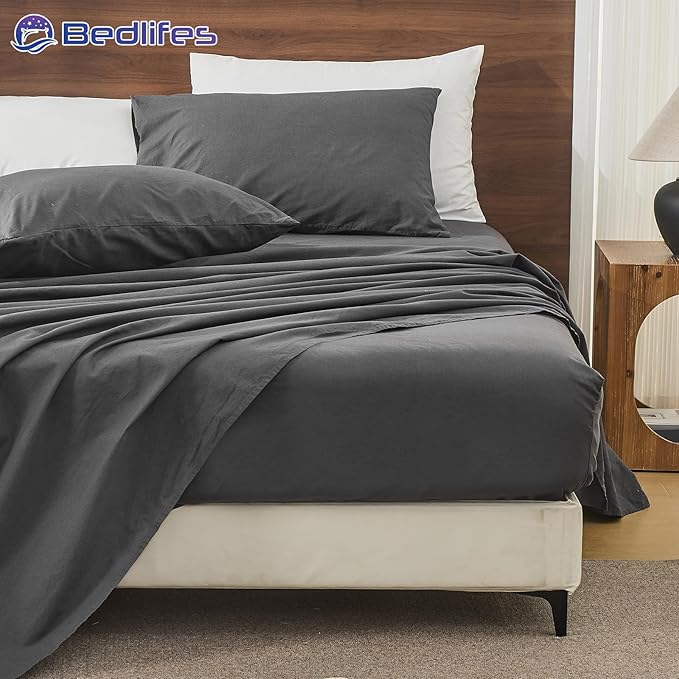 Bedlifes 100% French Pure Linen Sheets California King Size Breathable and Cooling Flax Sheet Set Soft Durable and Moisture Wicking 16 Inch Deep Pocket-4 Piece(Cal King,Dark Grey)