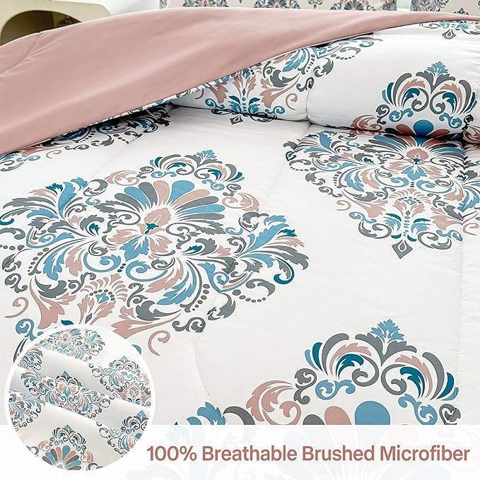 Floral Queen Comforter Set with Sheets, 7 Piece Luxury Vintage Bedding, Soft Microfiber Bed in a Bag, Cozy Lightweight Bed Set, Damask Boho Flower