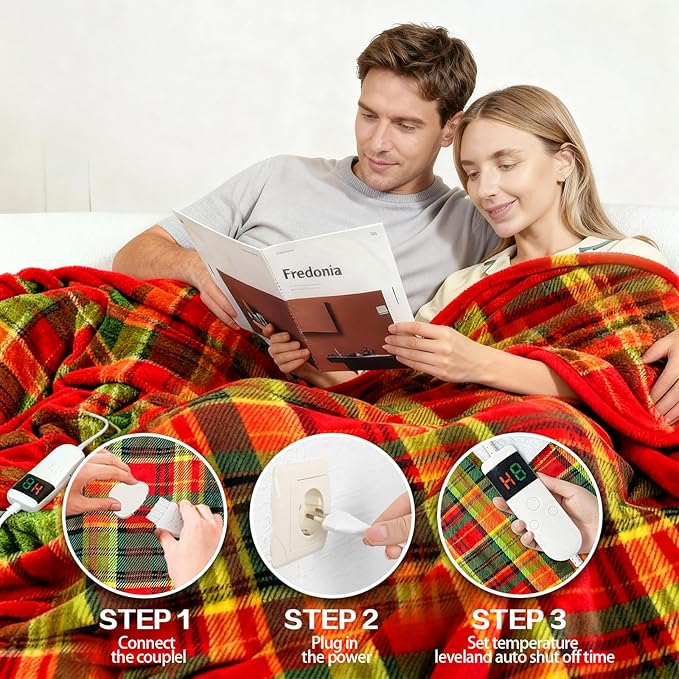 Electric Blanket Heated Throw, Soft Flannel 50"x60" Plaid Heating Blanket with 8 Hours Auto Off 10 Fast Heating Levels Machine Washable Sherpa Heated Blanket with Overheating Protection