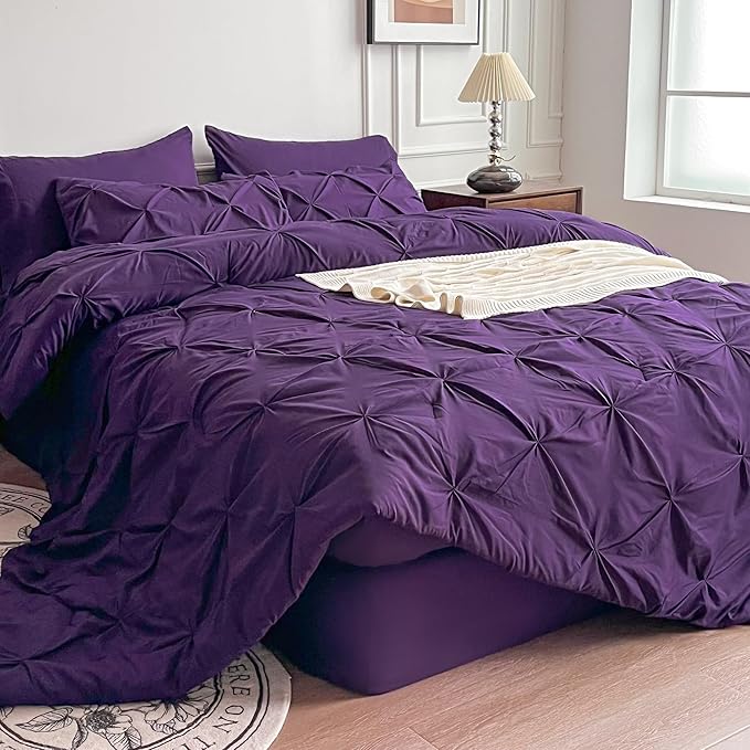 Maple&Stone Purple Comforter Set Queen, 7 Pieces Bed in a Bag Queen, Pintuck Bedding Sets with Comforter, Sheets, Pillowcases & Shams - Purple
